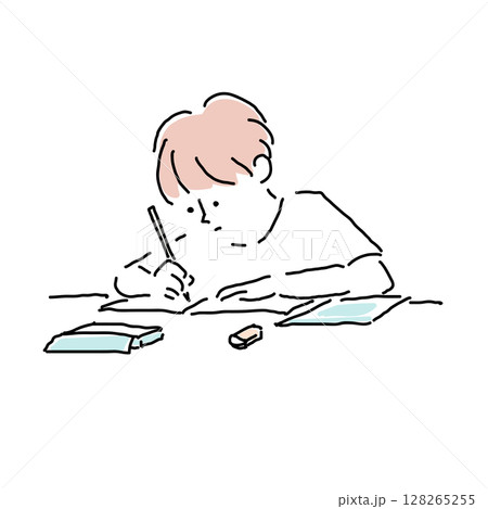 宿題に取り組む男の子のイラスト（小学生・夏休み・手描き） 128265255