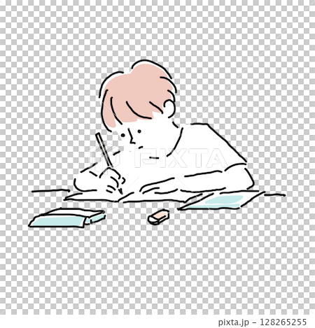 宿題に取り組む男の子のイラスト（小学生・夏休み・手描き） 128265255