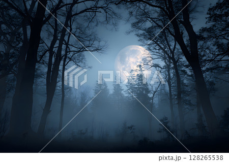 Atmospheric Halloween background with moonlight and misty trees. Ideal for posters, party flyers, or horror-themed designs. 128265538