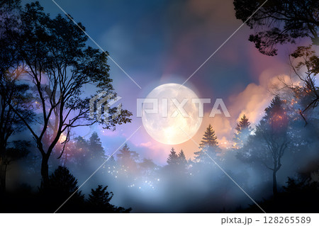 Atmospheric Halloween background with moonlight and misty trees. Ideal for posters, party flyers, or horror-themed designs. 128265589