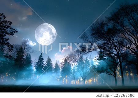 Atmospheric Halloween background with moonlight and misty trees. Ideal for posters, party flyers, or horror-themed designs. 128265590