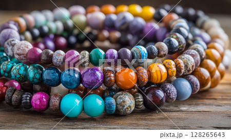 Close-up of Colorful Gemstone Bead Bracelets Close-up of Colorful Gemstone Bead Bracelets 128265643