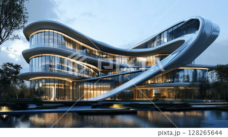 Futuristic Curved Glass Building Under Clear Sky Futuristic Curved Glass Building Under Clear Sky 128265644