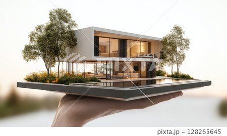 Architect presenting a modern house model in hand. Architect presenting a modern house model in hand. 128265645