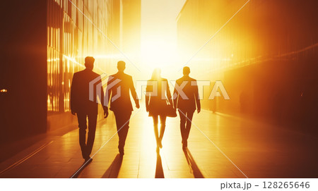 Business Team Walking into Sunset on City Street 128265646
