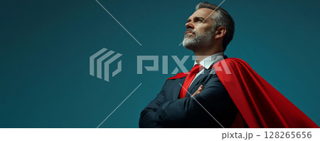 Confident Executive in Red Cape Staring into Distance 128265656