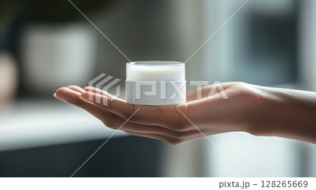Elegant Hand Holding Gold-Lid Cream Jar in Bright Room 128265669