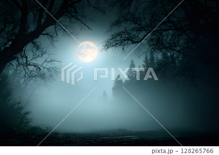 Atmospheric Halloween background with moonlight and misty trees. Ideal for posters, party flyers, or horror-themed designs. 128265766