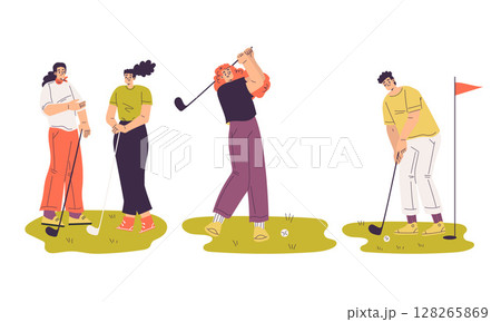 A Group of Diverse Golfers Engaging in a Friendly and Enjoyable Game Outdoors Together 128265869