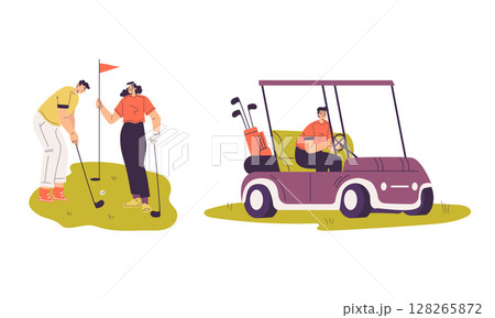 Golfers are having a delightful day out on the beautiful golf course while using their golf cart 128265872