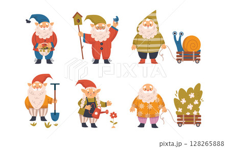 Cheerful Gnomes Happily Engaging in a Variety of Different Seasonal Activities and Crafts 128265888