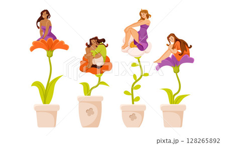 Charming and Delightful Floral Illustrations Featuring Women in Various Beautiful Designs 128265892