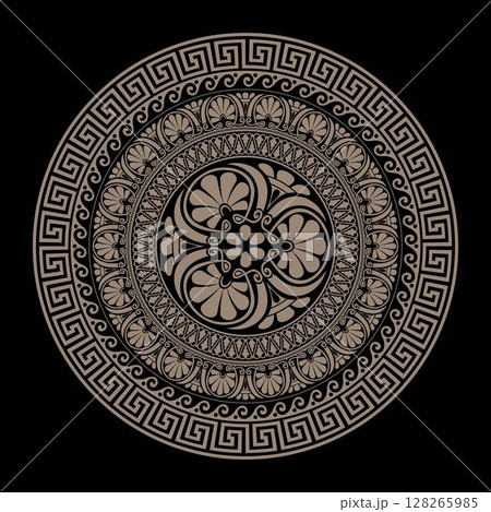 Openwork gold round frame in ancient Greek style on black background. Greek meander. Round ornament. Patterns of Greece, Ancient Rome. Vector Greek style. For textiles, embroidery, porcelain, ceramics 128265985