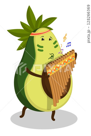 Cheerful musician avocado fruit plays a musical melody on Peruvian wind flute national musical instrument. Cartoon vector isolated on white background 128266369