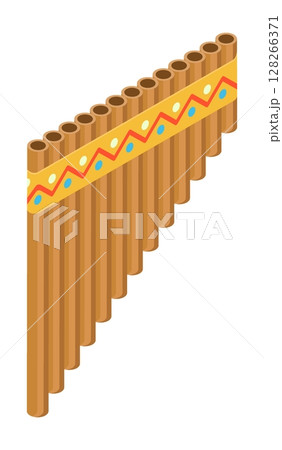 Isometric Peruvian wind flute national musical instrument made of a series of wooden tubes of different tones top aerial view. Realistic 3D vector concept isolated on white background Isometric Peruvian wind flute national musical instrument made of a series of wooden tubes of different tones top aerial view. Realistic 3D vector concept isolated on white background 128266371