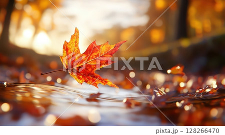 Single crimson maple leaf leads a stream of swirling airborne foliage at sunset with blurred background and a forest path barely visible 128266470