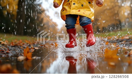 Child in red rain boots and yellow poncho jumping in a puddle on a forest path with fallen leaves 128266508