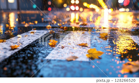 Close-up of rain-soaked pedestrian crossing with reflections from glowing lamppost at night 128266520