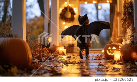 Child in whimsical bat costume with soft wings on a decorated seasonal porch at dusk Child in whimsical bat costume with soft wings on a decorated seasonal porch at dusk 128266525