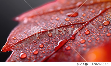 Close-up of a deep red maple leaf with fine vein patterns and glossy droplets along the ridges 128266542