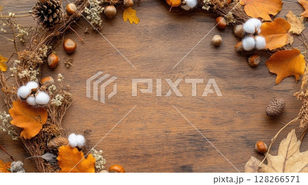Charming still life of an autumn wreath on textured wood with orange leaves, pinecones, and cotton flowers Charming still life of an autumn wreath on textured wood with orange leaves, pinecones, and cotton flowers 128266571