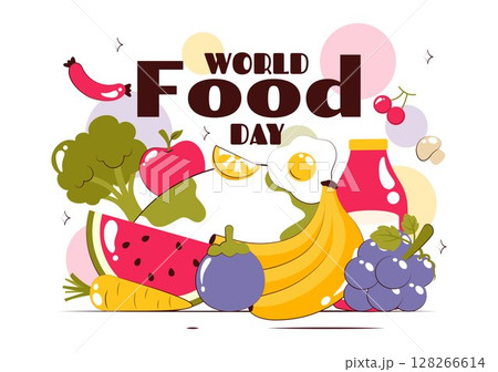 World Food Day Vector Illustration on October 16, Featuring a Variety of Foods, Fruits, and Vegetables in a Flat Style Cartoon Background 128266614
