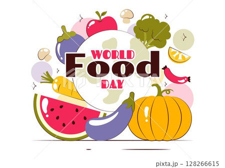 World Food Day Vector Illustration on October 16, Featuring a Variety of Foods, Fruits, and Vegetables in a Flat Style Cartoon Background World Food Day Vector Illustration on October 16, Featuring a Variety of Foods, Fruits, and Vegetables in a Flat Style Cartoon Background 128266615