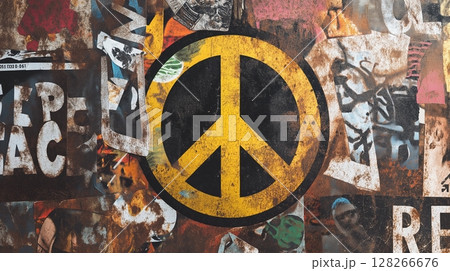 Anti War and Global Protest movement, Graffiti art featuring a prominent peace symbol on a textured background. 128266676