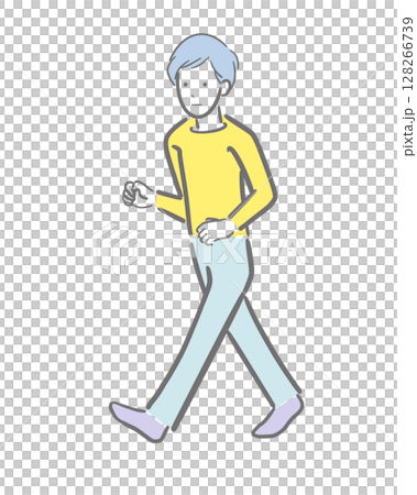 一幅淺色插圖,描繪了一位面無表情的年輕男子走路的樣子 一幅淺色插圖,描繪了一位面無表情的年輕男子走路的樣子 128266739