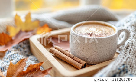Warm autumn-inspired flat lay with coffee cup, cinnamon stick, and wool plaid scarf 128266797