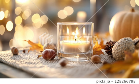 A single candle in a glass holder surrounded by mini gourds, dried maple leaves, and chestnuts on a neutral linen runner 128266798