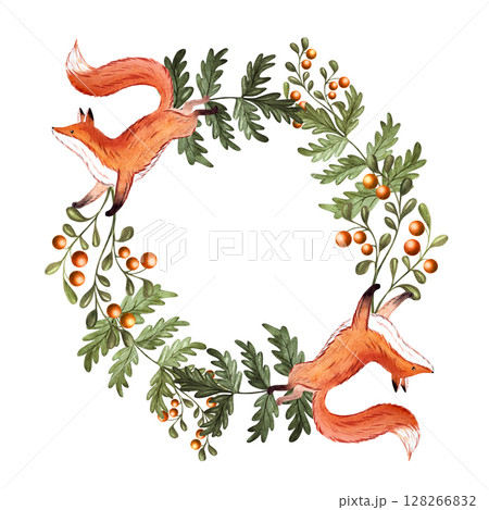 Watercolor woodland wreath with fox, oak and pine branches, acorns, cones, mushrooms, rowan and sea buckthorn for cards, baby designs, packaging 128266832