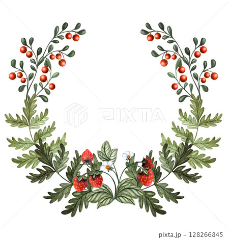 Watercolor woodland wreath with wild strawberry, oak branches, acorns, cones, mushrooms, rowan and sea buckthorn for cards, baby designs, packaging 128266845