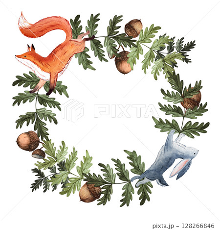 Watercolor woodland wreath with rabbit and fox, oak and pine branches, acorns, cones, mushrooms, rowan and sea buckthorn for cards, baby designs, packaging 128266846