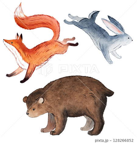 Watercolor forest animal clipart set fox, rabbit, bear in Russian fairytale folk style, hand painted illustration for children design, nursery decor, greeting cards, posters and storytelling projects 128266852