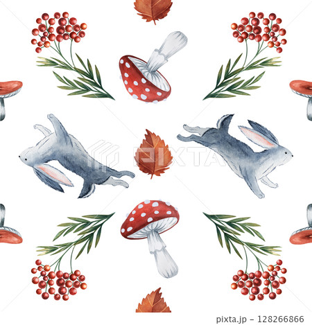 Seamless watercolor pattern with rabbits, cranberry, leaves and mushrooms in Russian fairytale children style for baby products, nursery decor, packaging, storybooks and kids textile designs 128266866