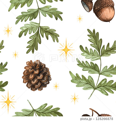 Seamless watercolor pattern with oak branches, acorns, pinecones and stars on white background in Russian fairytale style for cards, children designs, packaging, textiles and nursery decor 128266878