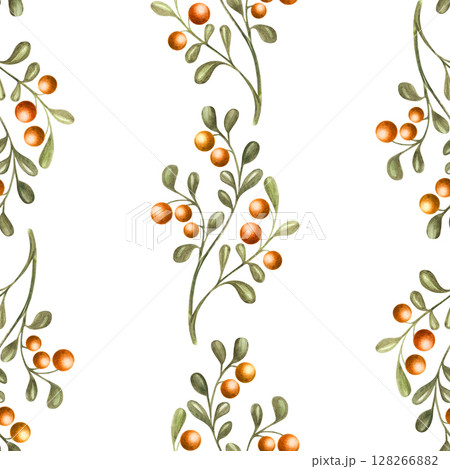 Seamless watercolor pattern with sea buckthorn branches on white background in Russian fairytale style for baby textiles, packaging, cards, wrapping paper and children product design 128266882