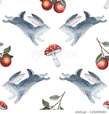 Seamless watercolor pattern with rabbits, apples and mushrooms in Russian fairytale children style for baby products, nursery decor, packaging, storybooks and kids textile designs 128266884