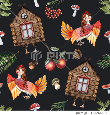 Seamless watercolor pattern with Sirin bird, Baba Yaga hut, apples, acorns, fly agaric mushrooms, pine cones, forest branches on black background Russian fairy tale style for textiles, decor, designs Seamless watercolor pattern with Sirin bird, Baba Yaga hut, apples, acorns, fly agaric mushrooms, pine cones, forest branches on black background Russian fairy tale style for textiles, decor, designs 128266887