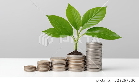 Plant growing from stacked coins representing financial growth. 128267330