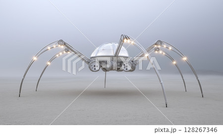 Futuristic spider sculpture made from a car with glowing legs. 128267346