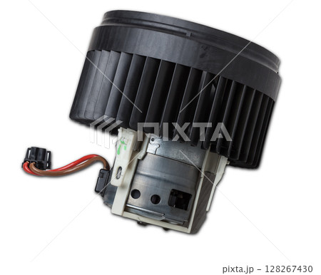Heater fan - spare part and element of car air conditioning system on white isolated background. Auto service industry. Spare parts catalog Heater fan - spare part and element of car air conditioning system on white isolated background. Auto service industry. Spare parts catalog 128267430