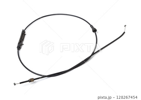 Metal cable parking brake isolated on white background. Auto service industry. Parts catalog. Auto service industry. Spare parts catalog. Metal cable parking brake isolated on white background. Auto service industry. Parts catalog. Auto service industry. Spare parts catalog. 128267454