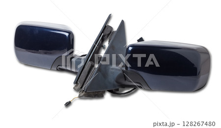 Close-up on a side mirrors from a car for repair and replacement after an accident in a workshop. Auto service industry. Spare parts catalog. 128267480