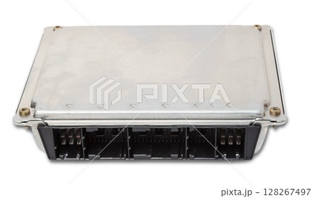 Plastic car engine control unit with metal elements on a white isolated background is the connecting center of various subsystems, units and assemblies. Monitoring the state of the moment. Spare part Plastic car engine control unit with metal elements on a white isolated background is the connecting center of various subsystems, units and assemblies. Monitoring the state of the moment. Spare part 128267497