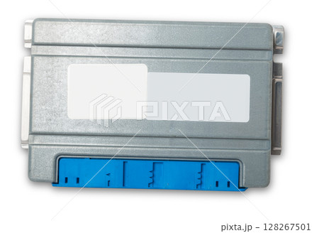 Plastic car engine control unit with metal elements on a white isolated background is the connecting center of various subsystems, units and assemblies. Monitoring the state of the moment. Spare part Plastic car engine control unit with metal elements on a white isolated background is the connecting center of various subsystems, units and assemblies. Monitoring the state of the moment. Spare part 128267501