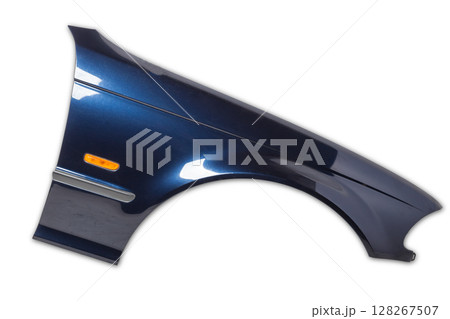 Blue metall fender on a white isolated background in a photo studio for sale or replacement in a car service. Mudguard on auto-parsing for repair or a device to protect the body from dirt. Blue metall fender on a white isolated background in a photo studio for sale or replacement in a car service. Mudguard on auto-parsing for repair or a device to protect the body from dirt. 128267507