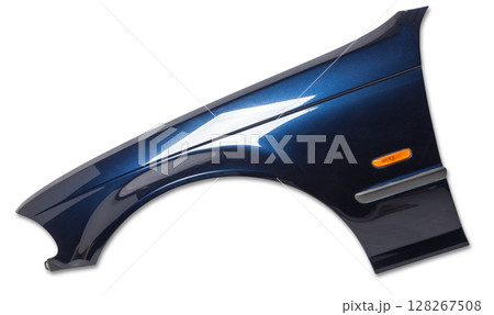 Blue metall fender on a white isolated background in a photo studio for sale or replacement in a car service. Mudguard on auto-parsing for repair or a device to protect the body from dirt. Blue metall fender on a white isolated background in a photo studio for sale or replacement in a car service. Mudguard on auto-parsing for repair or a device to protect the body from dirt. 128267508