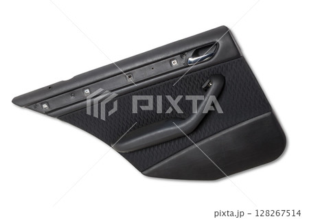 Car door trim with black leather upholstery on a white isolated background for repair and replacement in a car service. Spare parts catalog. 128267514